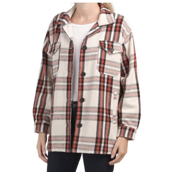 LUCKY BRAND Red Ivory Plaid Oversized Shirt Jacket Shacket Small - Picture 1 of 12